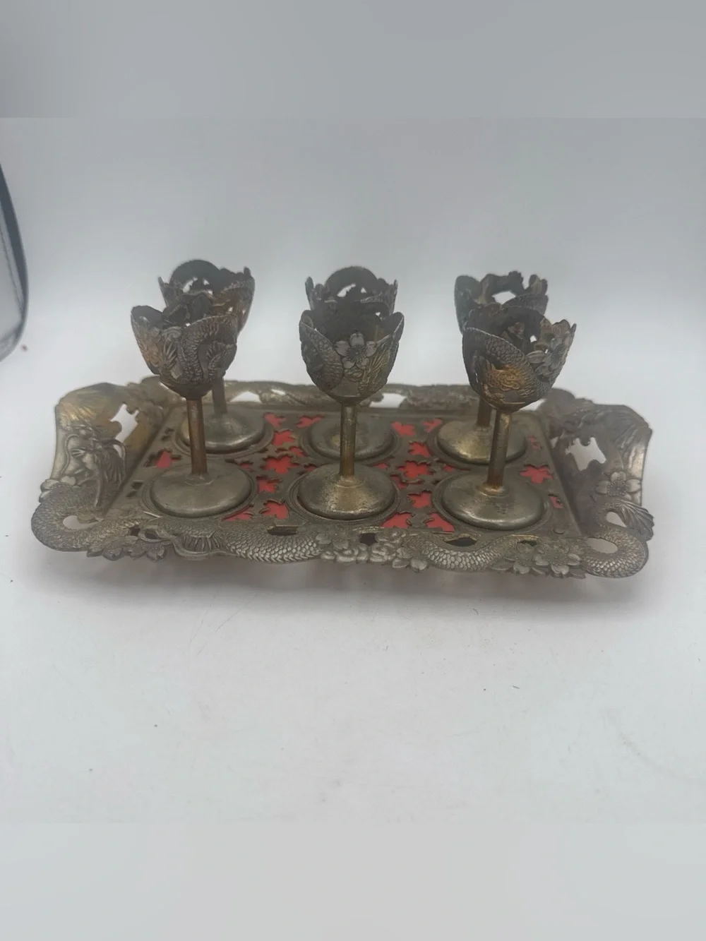 VTG Nikko Japanese Dragon Cordial Liqueur Set Tray & Cups As-Is No Glass